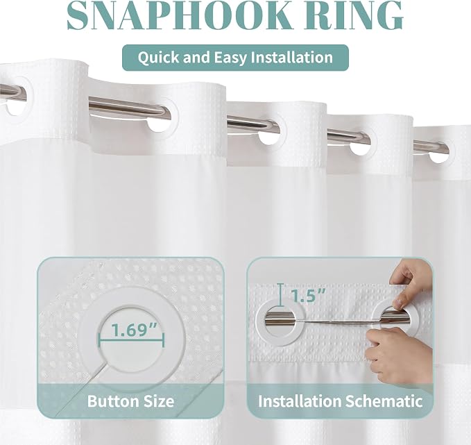eachope No Hook Long Waffle Shower Curtain, Snap-in Liner, 71x86 in, White | 230 GSM waffle weave fabric, waterproof liner set with 2 bottom magnets, mesh top window, washable, for bathroom or hotel use