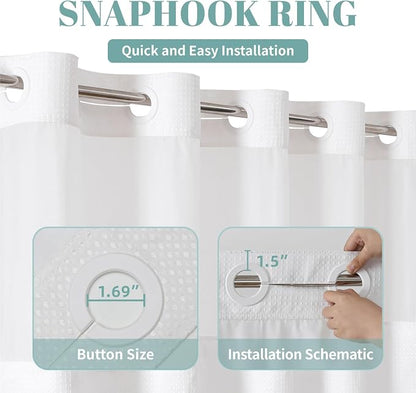 eachope No Hook Waffle Shower Curtain with Snap-in Liner, 71x80 Inch, White | 230 GSM waffle weave fabric, waterproof liner set with 2 bottom magnets, mesh top window, washable, for bathroom or hotel use