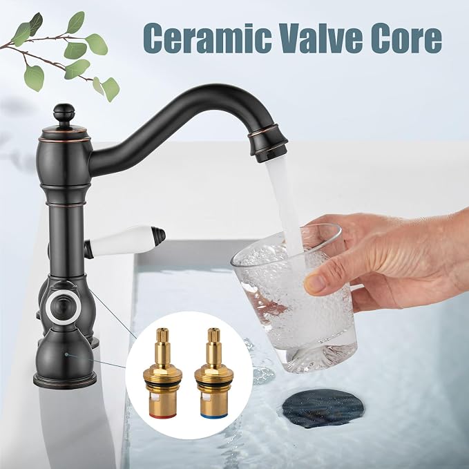 Widespread Bathroom Sink Faucet 3 Hole White Lever Oil Rubbed Bronze | Vintage 8 Inch Brass Sink Faucet,2 Ceramic Handle,Pop Up Drain,cUPC Hose,for 6-16″Centerset Basin,Farmhouse,RV,Vanity