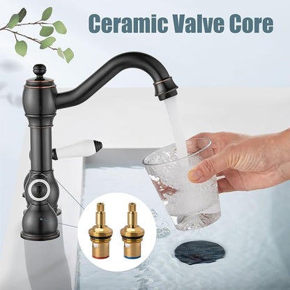 Widespread Bathroom Sink Faucet 3 Hole White Lever Oil Rubbed Bronze | Vintage 8 Inch Brass Sink Faucet,2 Ceramic Handle,Pop Up Drain,cUPC Hose,for 6-16″Centerset Basin,Farmhouse,RV,Vanity
