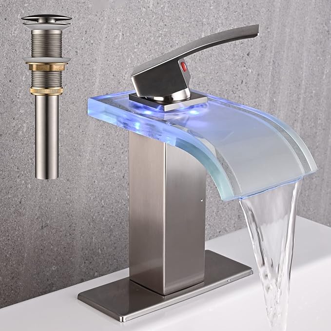LED Bathroom Sink Faucet, Brushed Nickel Waterfall Single Hole Handle Vanity Faucets for Sinks 1 Hole with Metal Pop Up Drain and 2 Water Supply Lines, Wide Glass Spout