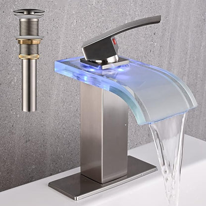 LED Bathroom Sink Faucet, Brushed Nickel Waterfall Single Hole Handle Vanity Faucets for Sinks 1 Hole with Metal Pop Up Drain and 2 Water Supply Lines, Wide Glass Spout