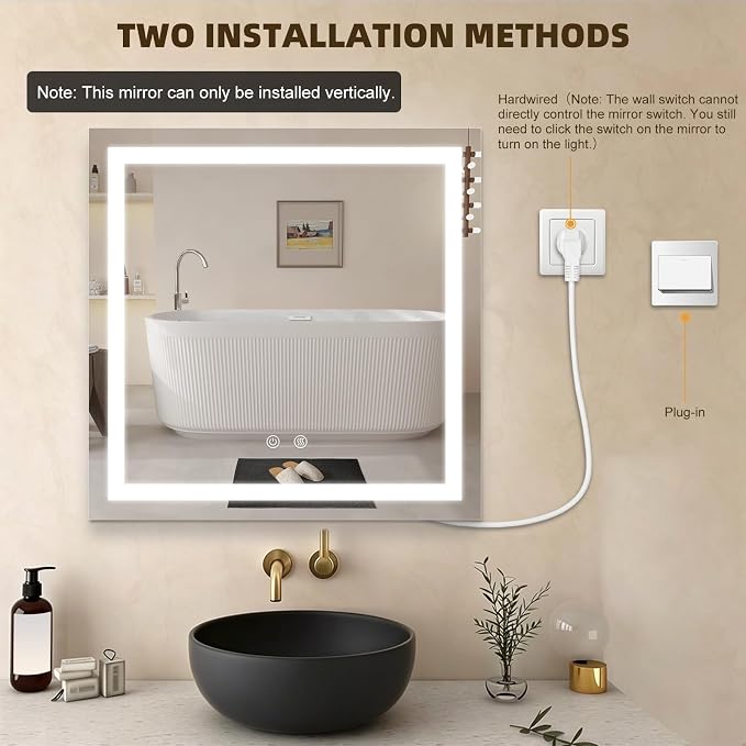 28"X28" Square LED Bathroom Mirror with Lights | Lighted Bathroom Vanity Mirror for Wall, Anti-Fog, Dimmable, 3 Color Temperature, HD Tempered Glass(Vertical Only)