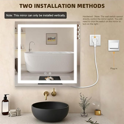 28"X28" Square LED Bathroom Mirror with Lights | Lighted Bathroom Vanity Mirror for Wall, Anti-Fog, Dimmable, 3 Color Temperature, HD Tempered Glass(Vertical Only)
