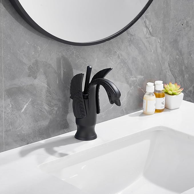 Bathroom Faucet Matte Black Swan Single Handle 1 Hole Bathroom Vanity Faucet Basin Tap Deck Mount Lavatory