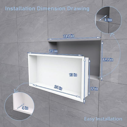 24"x12" Shower Niche Insert Tile Ready ，Stainless Steel Recessed Shower Caddy ，Bathroom remodel，Matte White （ 24 x 12 in）