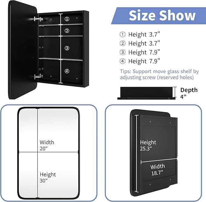 Bathroom Wood Black Cabinet with 20''x30'' Black Metal Frame Curved Mirror, Recessed Medicine Cabinet, Bathroom Storage Cabinet