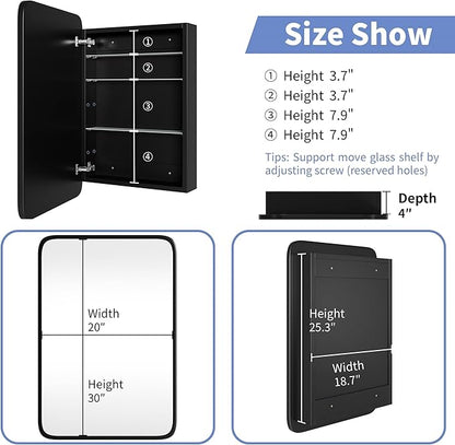 Bathroom Wood Black Cabinet with 20''x30'' Black Metal Frame Curved Mirror, Recessed Medicine Cabinet, Bathroom Storage Cabinet