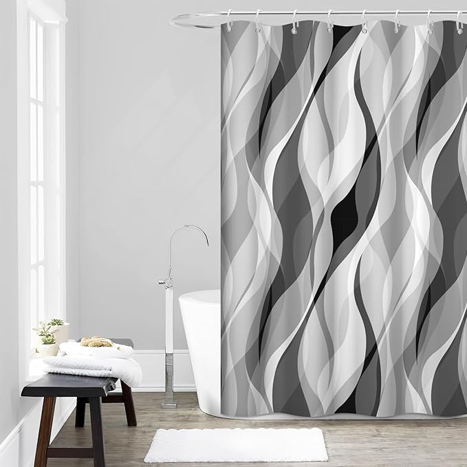 Grey Shower Curtain, Modern Abstract Black and Grey Striped Shower Curtain Set for Bathroom Waterproof White Gray Shower Curtain with Hooks, 60x72 Inch