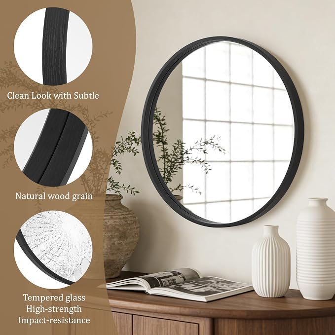 Black Round Wood Mirror 24 inch Circle Wall Mirror for Bathroom Round Wall Mirror for Wall Decor, Vanity, Entryway Living Room