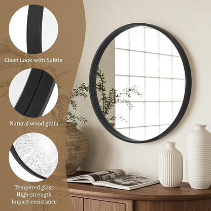 Black Round Wood Mirror 24 inch Circle Wall Mirror for Bathroom Round Wall Mirror for Wall Decor, Vanity, Entryway Living Room