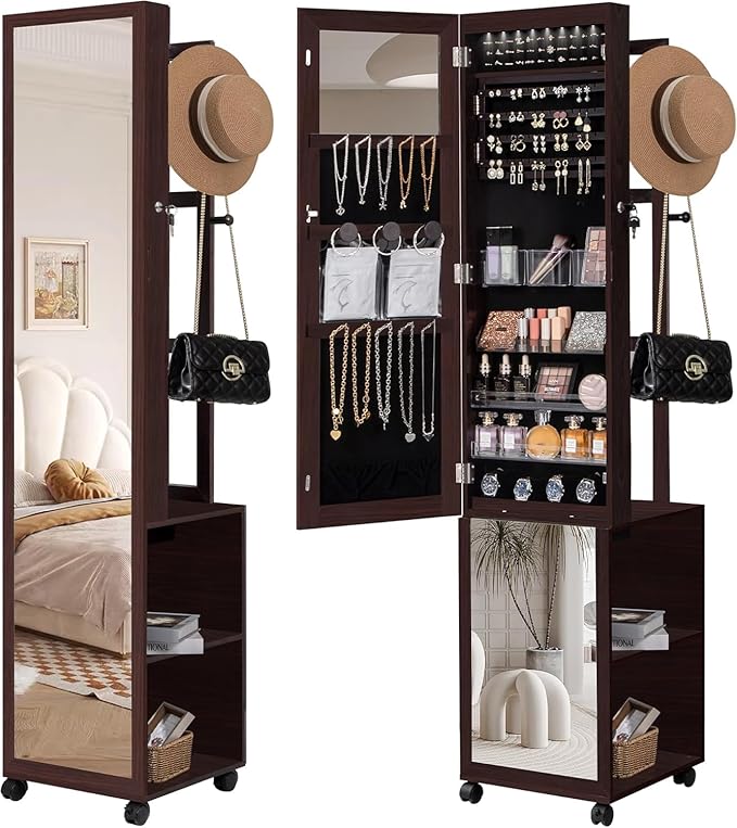 Hzuaneri 8 LEDs Jewelry Cabinet Armoire, 66.9-inch Jewelry Organizer | Lockable Full-length Mirror with Garment Rack & 4 Wheels, Storage Shelves with Hooks, 5-in-1, Brown JC17019B
