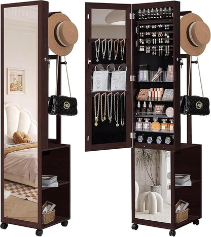 Hzuaneri 8 LEDs Jewelry Cabinet Armoire, 66.9-inch Jewelry Organizer | Lockable Full-length Mirror with Garment Rack & 4 Wheels, Storage Shelves with Hooks, 5-in-1, Brown JC17019B