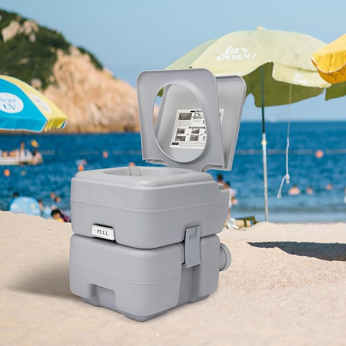 Generic Portable Push-rod Toilet, 20L/5.3 Gallons Detachable Tank for Camping, Boating, Hiking and Traveling, Cold Gray