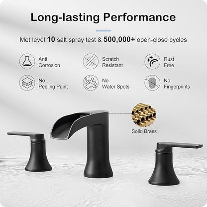 Black Bathroom Faucet 3 Hole, Brass Bathroom Waterfall Faucet 2 Handle, 4-16 Inch Widespread Bathroom Sink Faucets, Restroom Sink Faucet for Vanity with Supply Hoses, NO Equipped Pop-up Drain