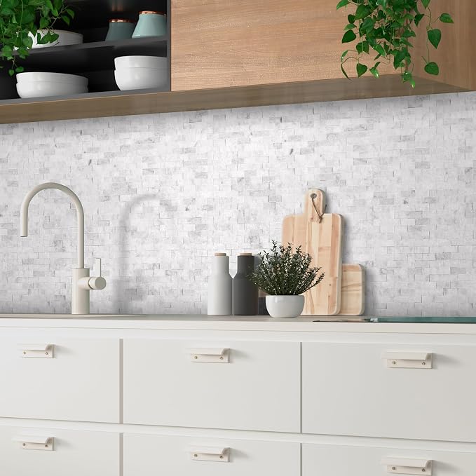 SUNWINGS 5-Sheet Peel and Stick Mosaic Natural 3D Stone Self Adhesive Marble Tiles, 10.63" x 11.22" Stick on Backsplash for Kitchen Bathroom Fireplace Vanity, Mixed Gray