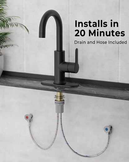 VXV Black Bathroom faucets Single Handle 360° Swivel Gooseneck Spout Optional Deckplate Bar Sink Faucet with Pop-up Drain and Hoses Matte Black
