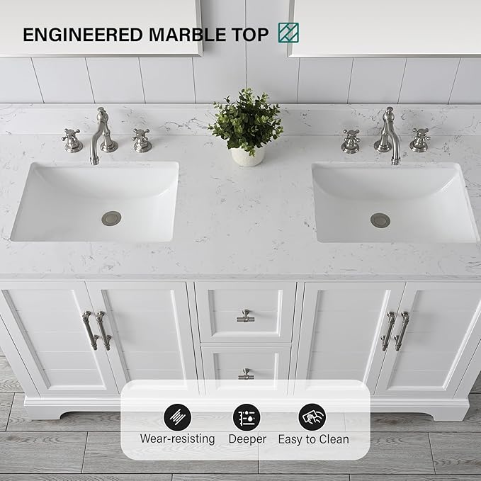 HOMEBEYOND 60 Inch Bathroom Vanity with Double Sink & Ceramic Top, Vanity Cabinet with Center Countertop Basin, Soft-Closing Doors, Backsplash,White