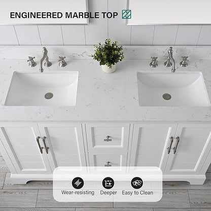 HOMEBEYOND 60 Inch Bathroom Vanity with Double Sink & Ceramic Top, Vanity Cabinet with Center Countertop Basin, Soft-Closing Doors, Backsplash,White