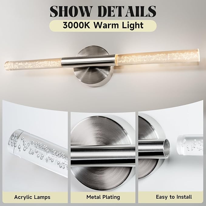 LED Bathroom Vanity Lights,24 inch Bathroom Light Fixtures Over Mirror,3000K Natural Warm Light, ETL＆UL Listed, Modern Wall Sconce for Bedroom,Living Room,Hallway,Brushed Nickel