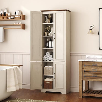 Function Home 72" Kitchen Pantry Cabinet, Tall Wood Farmhouse Storage Cabinet with Doors and Adjustable Shelves, 6 Tier Freestanding Cupboard for Kitchen Dining Living Room Bathroom, Antique White