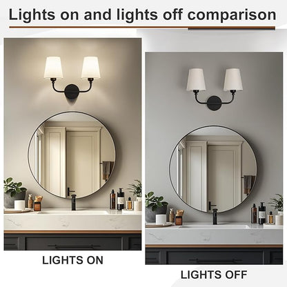Bathroom Vanity Light, Matte Black Bathroom Light Fixtures, 2-Light Lighting Fixtures Over Mirror, Modern Wall Sconce with Flared White Fabric Shade, E26 Socket(ETL Listed)