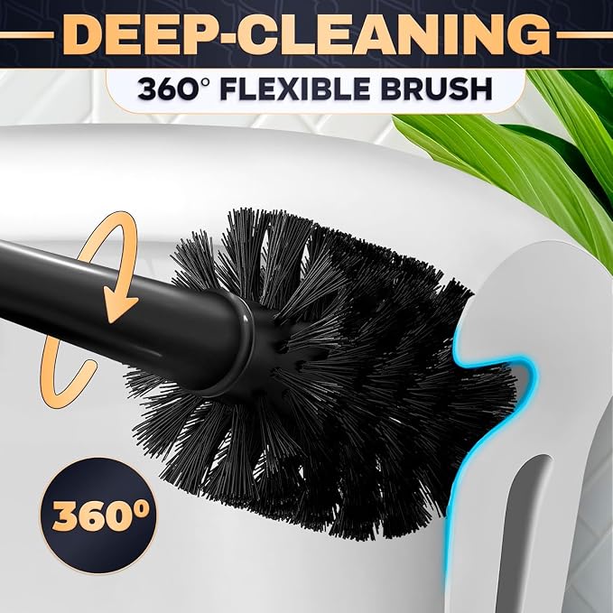 2-in-1 Black Toilet Brush and Plunger Set with Holder – Compact Bathroom Cleaning Combo, Strong Rubber Plunger & Stiff Bristle Brush, Space-Saving Stand, Fits Most Standard Toilets, 6.4×5.5×17.1 inch