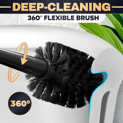 2-in-1 Black Toilet Brush and Plunger Set with Holder – Compact Bathroom Cleaning Combo, Strong Rubber Plunger & Stiff Bristle Brush, Space-Saving Stand, Fits Most Standard Toilets, 6.4×5.5×17.1 inch