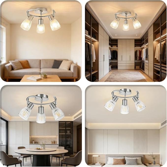 HiBay 3-Light Ceiling Light Fixture Adjustable Modern Chrome Track Lighting | with Glass Shades, Flush Mount Ceiling Spotlight Indoor for Kitchen, Bedroom, Living Room, E12 Base, No Bulbs