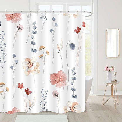 Coral Beige Watercolor Floral Fabric Shower Curtain, 60x72 | Waterproof Fabric, Modern Minimalist Floral Print, Machine Washable, Rustproof Grommets, for Bathroom Home, Stall
