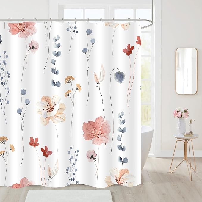 Coral Beige Watercolor Floral Fabric Shower Curtain, 54x78 | Waterproof Fabric, Modern Minimalist Floral Print, Machine Washable, Rustproof Grommets, for Bathroom Home, Stall
