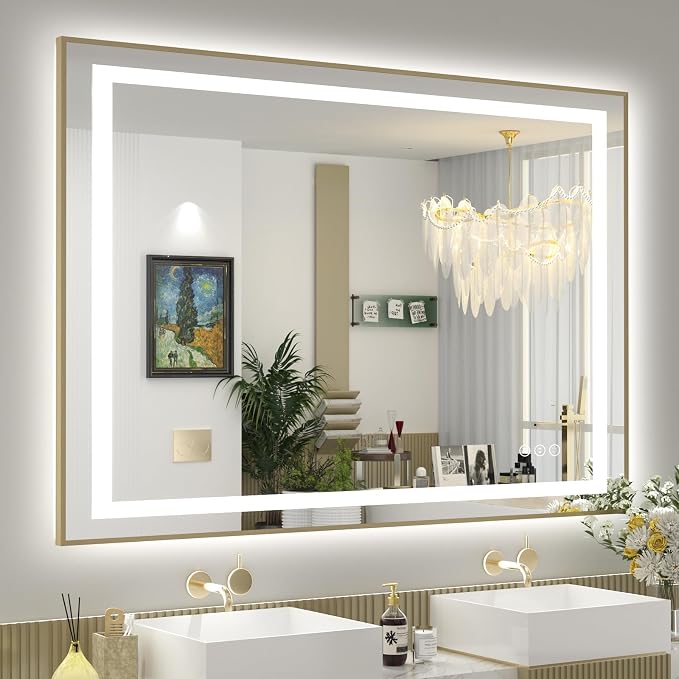 OKPAL 48x40 Gold LED Mirror for Bathroom with Frontlit & Backlit, Metal Framed Lighted Bathroom Mirror with Lights, Anti-Fog, Dimmable 3 Colors, Shatterproof, Horizontal/Vertical