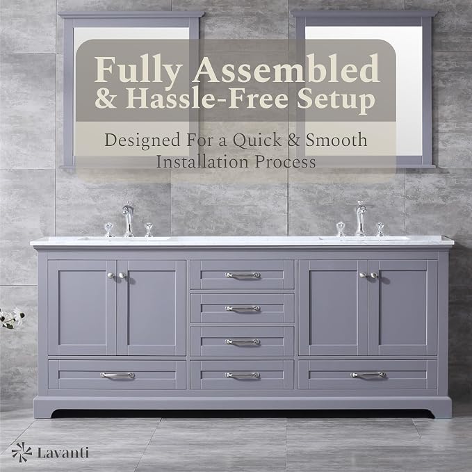 Lavanti Dumiat 80 Inch Bathroom Vanity with Sink – Stylish Gray Vanity Bathroom with Storage Cabinet – Modern Bathroom Vanities with Double Vanity Sink & Carrara Marble Countertop