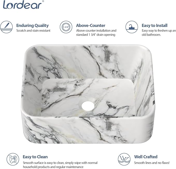 Lordear Bathroom Sink Above Counter 16"x12" Rectangle Vessel Sink Marble Porcelain Ceramic Vessel Sink, Rectrangular Above Counter Sink Art Basin