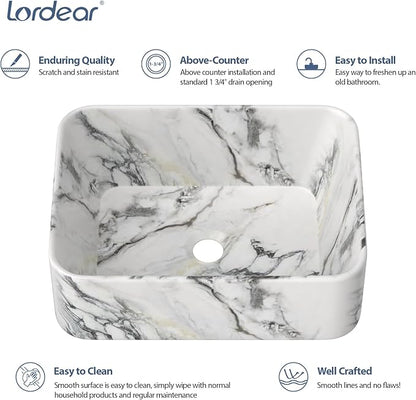 Lordear Bathroom Sink Above Counter 16"x12" Rectangle Vessel Sink Marble Porcelain Ceramic Vessel Sink, Rectrangular Above Counter Sink Art Basin