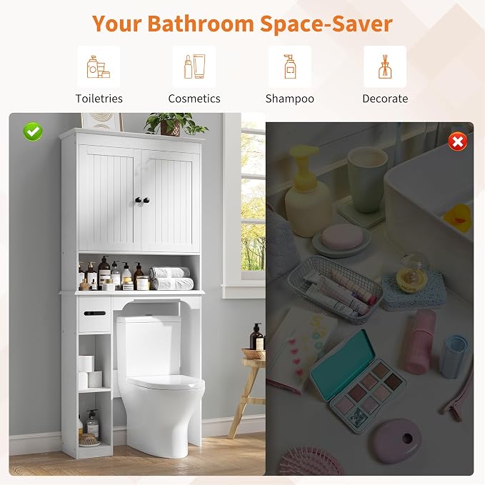 GarveeHome Over the Toilet Cabinet, Double Door Bathroom Storage Organizer, Toilet Rack with Open Storage Shelf, FreeStanding Toilet Shelf Space Saver, for Bathroom, Restroom, Laundry
