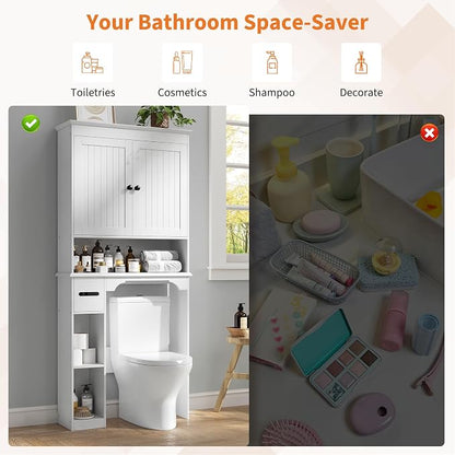 GarveeHome Over the Toilet Cabinet, Double Door Bathroom Storage Organizer, Toilet Rack with Open Storage Shelf, FreeStanding Toilet Shelf Space Saver, for Bathroom, Restroom, Laundry