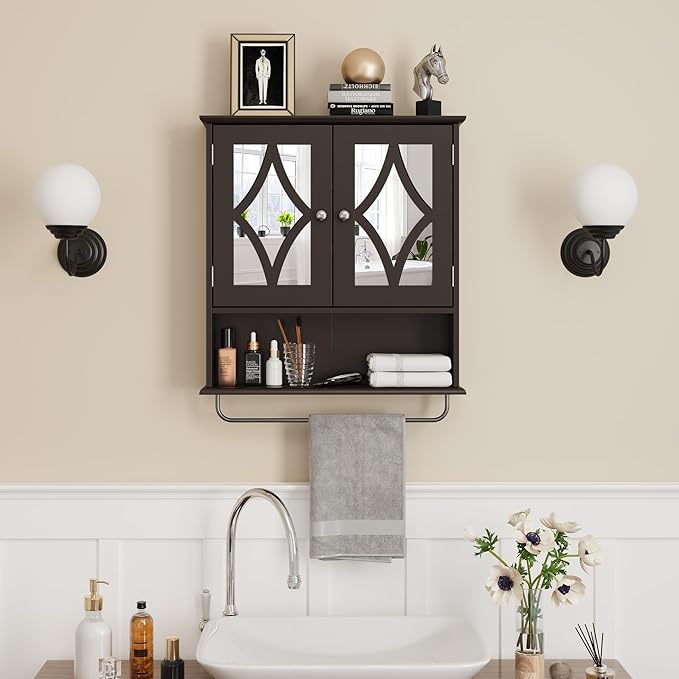 Bathroom Medicine Cabinet with Adjustable Shelves and Towel Bar, Vanity Wall Mounted Storage Cabinet with Mirror, Hanging Wall Cabinet for Bathroom, Laundry, Living Room (Brown)