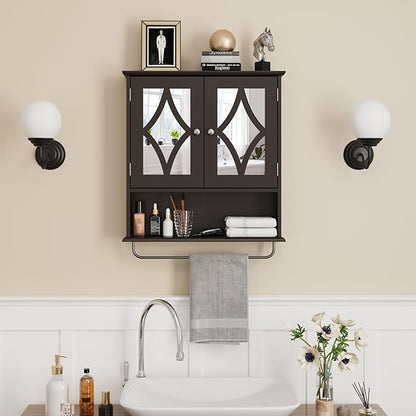 Bathroom Medicine Cabinet with Adjustable Shelves and Towel Bar, Vanity Wall Mounted Storage Cabinet with Mirror, Hanging Wall Cabinet for Bathroom, Laundry, Living Room (Brown)