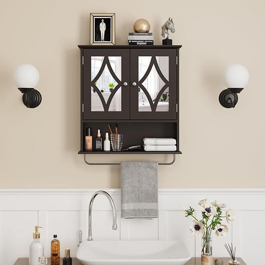 Bathroom Medicine Cabinet with Adjustable Shelves and Towel Bar, Vanity Wall Mounted Storage Cabinet with Mirror, Hanging Wall Cabinet for Bathroom, Laundry, Living Room (Brown)