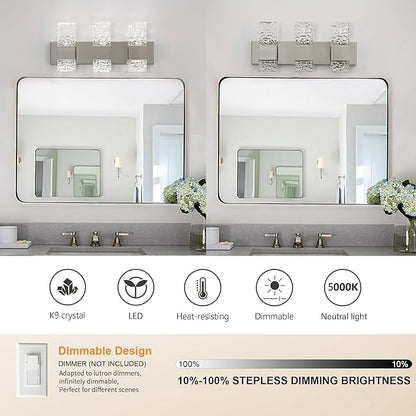 Modern Bathroom Vanity Light fixtures Over Mirror Brushed Nickel Crystal LED Bathroom Lighting fixtures 3 Lights 6000K