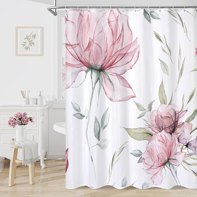 Litabel Long Boho Watercolor Floral Shower Curtain 72 x 78, Pink and Grey Ink Painting Style Flower Shower Curtains for Chic Elegant Bathroom, Artistic 78 Inch Long Fabric Shower Curtain