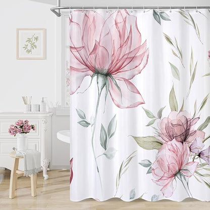Litabel Long Boho Watercolor Floral Shower Curtain 72 x 78, Pink and Grey Ink Painting Style Flower Shower Curtains for Chic Elegant Bathroom, Artistic 78 Inch Long Fabric Shower Curtain