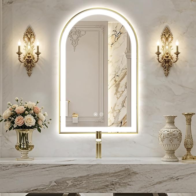 Arched LED Bathroom Mirror, 32"x20" Arch Backlit Vanity Mirror with Lights, Frontlit, Dimmable, 3 Colors, Memory Function, Anti-Fog Smart Mirror, Shiny Gold Frame, Shatterproof, UL Listed