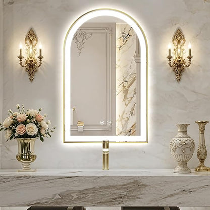 Arched LED Bathroom Mirror, 32"x20" Arch Backlit Vanity Mirror with Lights, Frontlit, Dimmable, 3 Colors, Memory Function, Anti-Fog Smart Mirror, Shiny Gold Frame, Shatterproof, UL Listed