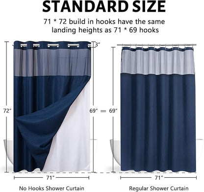 Furlinic Waffle Weave No Hook Shower Curtain with Snap in Fabric Liner Set,Heavy Duty Textured Bathroom Curtain with See Through Window,Waterproof & Machine Washable,Navy Blue,71x72 Inch