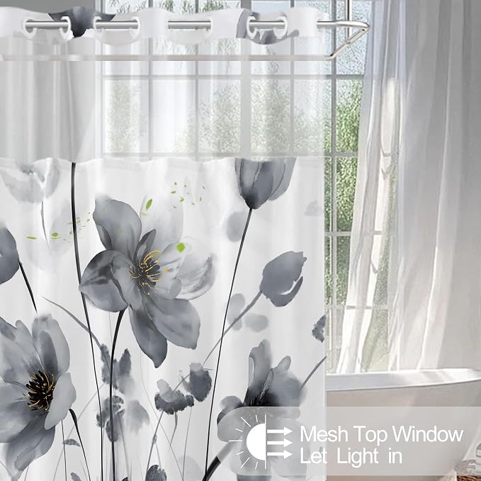 No Hook Shower Curtain and Liner Set, Black Boho Floral 71x84 | Watercolor Boho Flower, with Snap in Liner, Waterproof, Machine Washable, Quick-Drying, for Hotel Bathroom