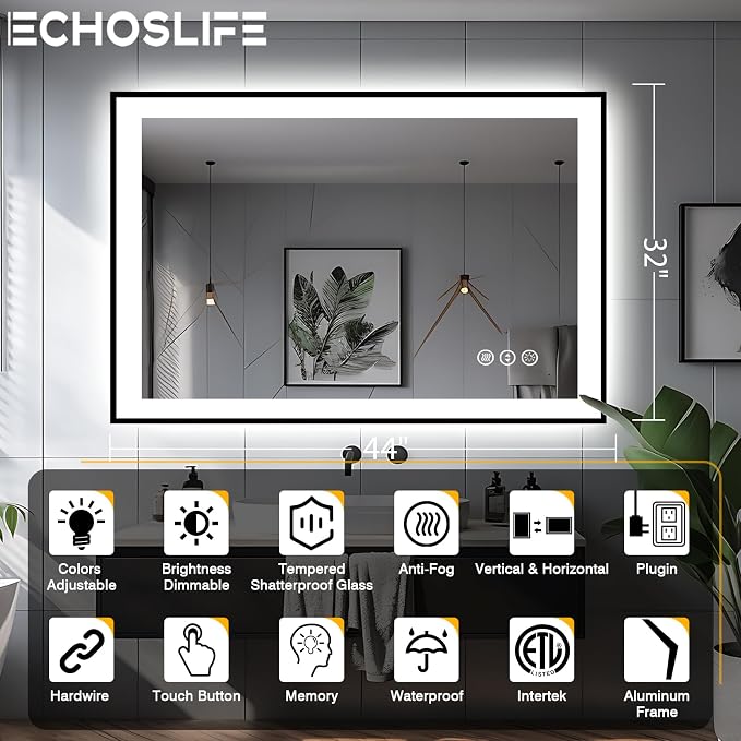 EchosLife 44x32 Bathroom Mirror with LED Lights - Black Framed | Black Frame, Front and Backlit, Anti-Fog, Stepless Dimmable, 3 Colors, Memory, Tempered Glass, UL Listed, Horizontal/Vertical
