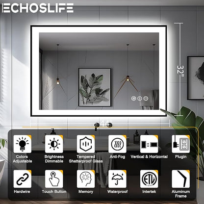 EchosLife 44x32 Bathroom Mirror with LED Lights - Black Framed | Black Frame, Front and Backlit, Anti-Fog, Stepless Dimmable, 3 Colors, Memory, Tempered Glass, UL Listed, Horizontal/Vertical