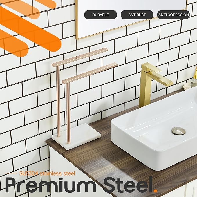 Hand Towel Bars for Bathroom Vanity Countertop 2-Tier Towel Rack Holders Stand with Heavy Marble Base Thicken Steady, Champagne Bronze Stainless Steel AN7003CPG